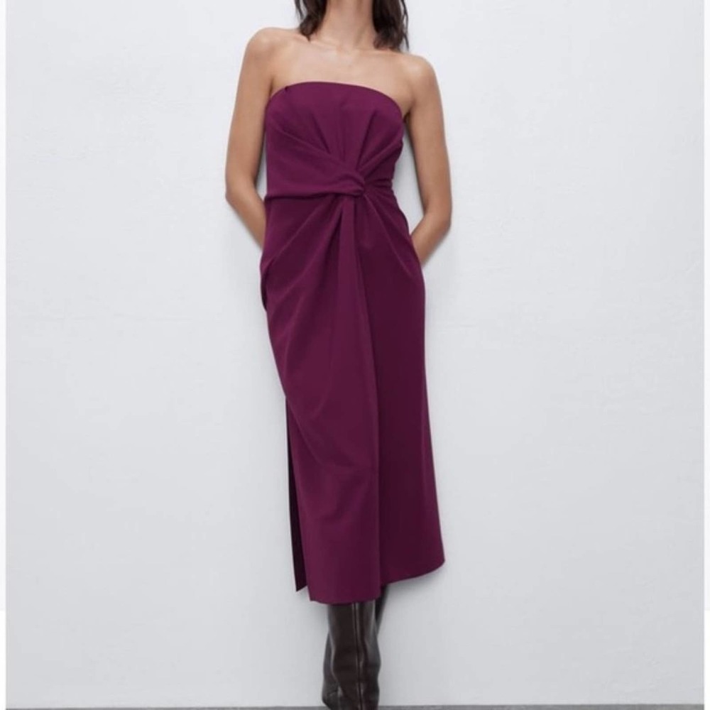 Zara Draped Strapless Midi Purple Dress Size Large